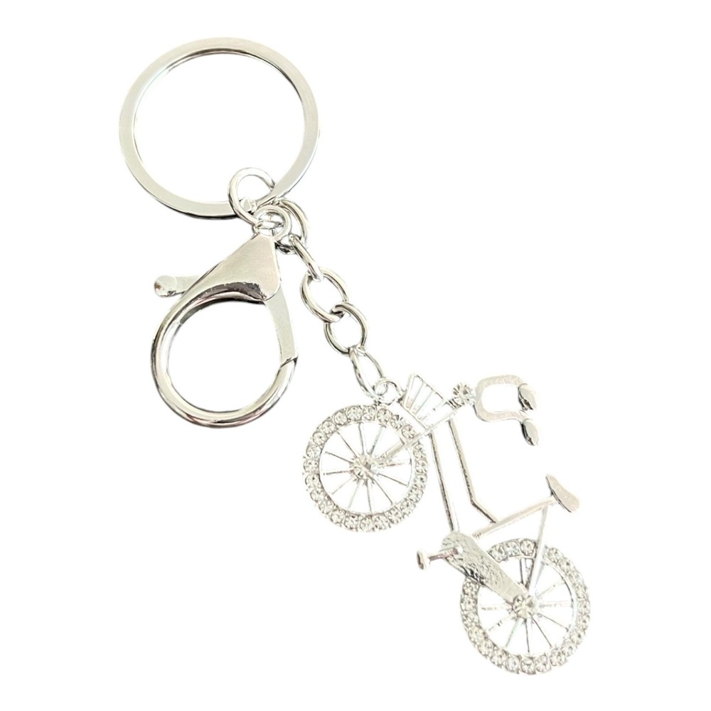 Women's Silver Rhinestone Bicycle Key Chain Metal Charm 4"